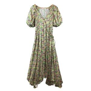 ASTR the Label Satin Floral Bubble Sleeve Wrap Midi Dress S